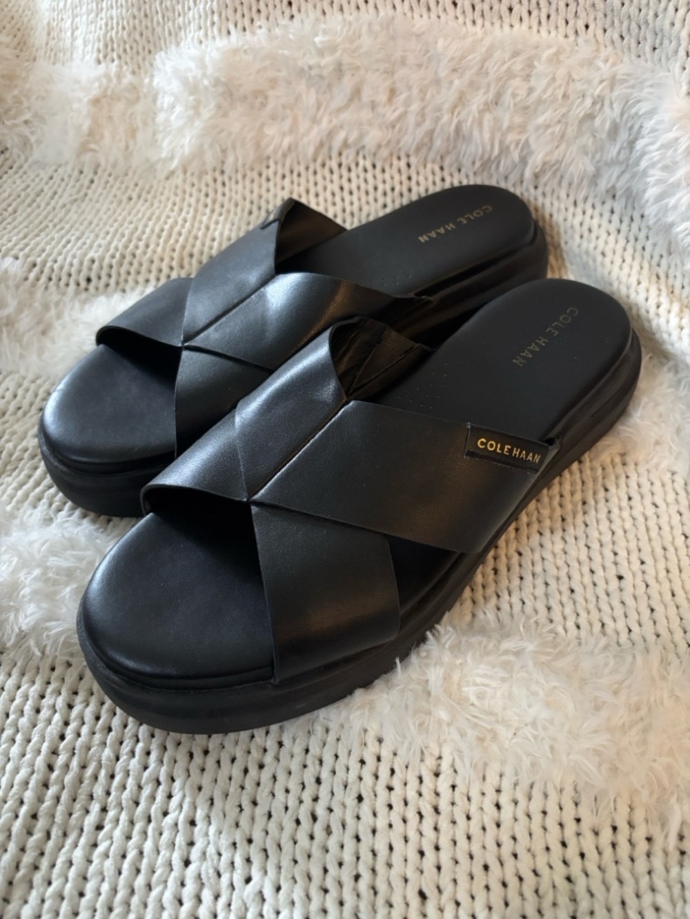 Cole Haan Black Crisscross Platform Slides